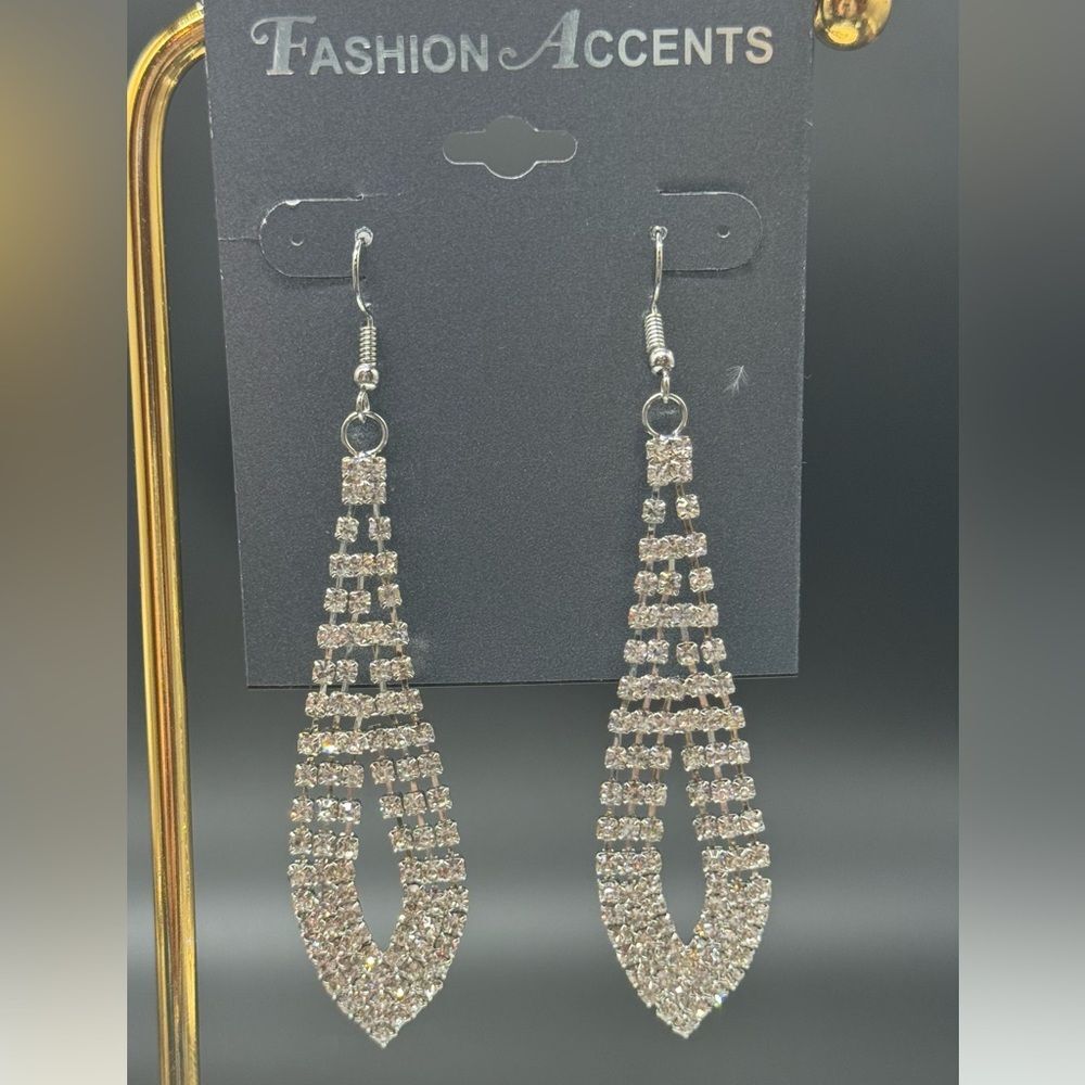 Silver Tone  Crystal Long Dangle Earrings 3.25 inch